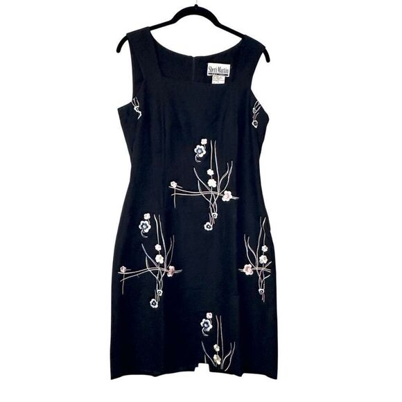 Sheri Martin Floral Linen Blend Embroidered Sleeveless Sheath Dress Black Size 4 - Picture 1 of 4